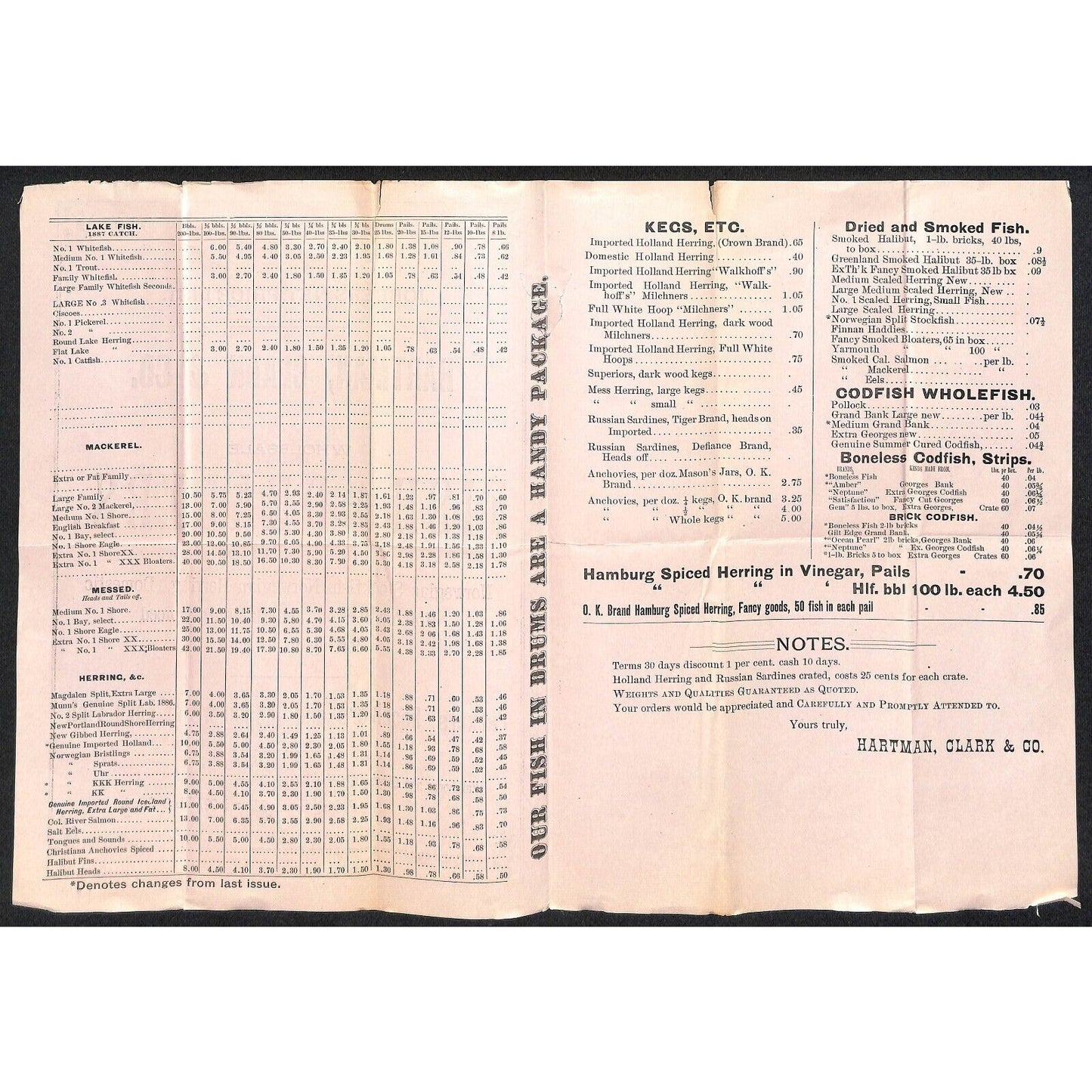 Hartman, Clark & Co. Chicago c1886 "Fish Dealers" Price Sheet Scarce