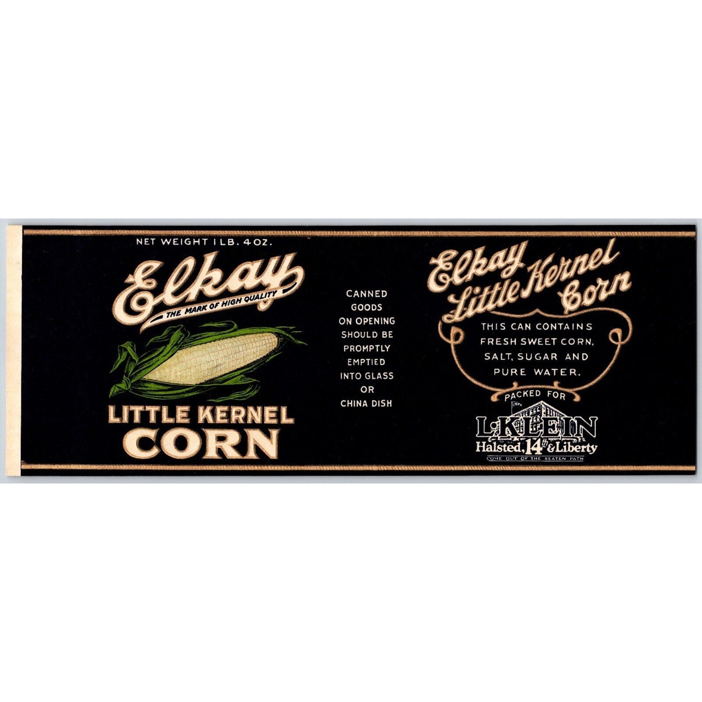 Little Kernel Corn Elkay Chicago Paper Can Label c1930's-40's NOS VGC