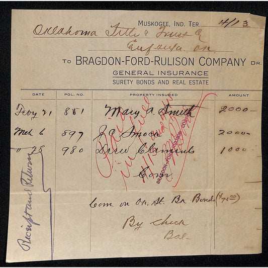 c1906 Bragdon Ford Rulison Co. Insurance Indian Territory Muskogee, OK Billhead