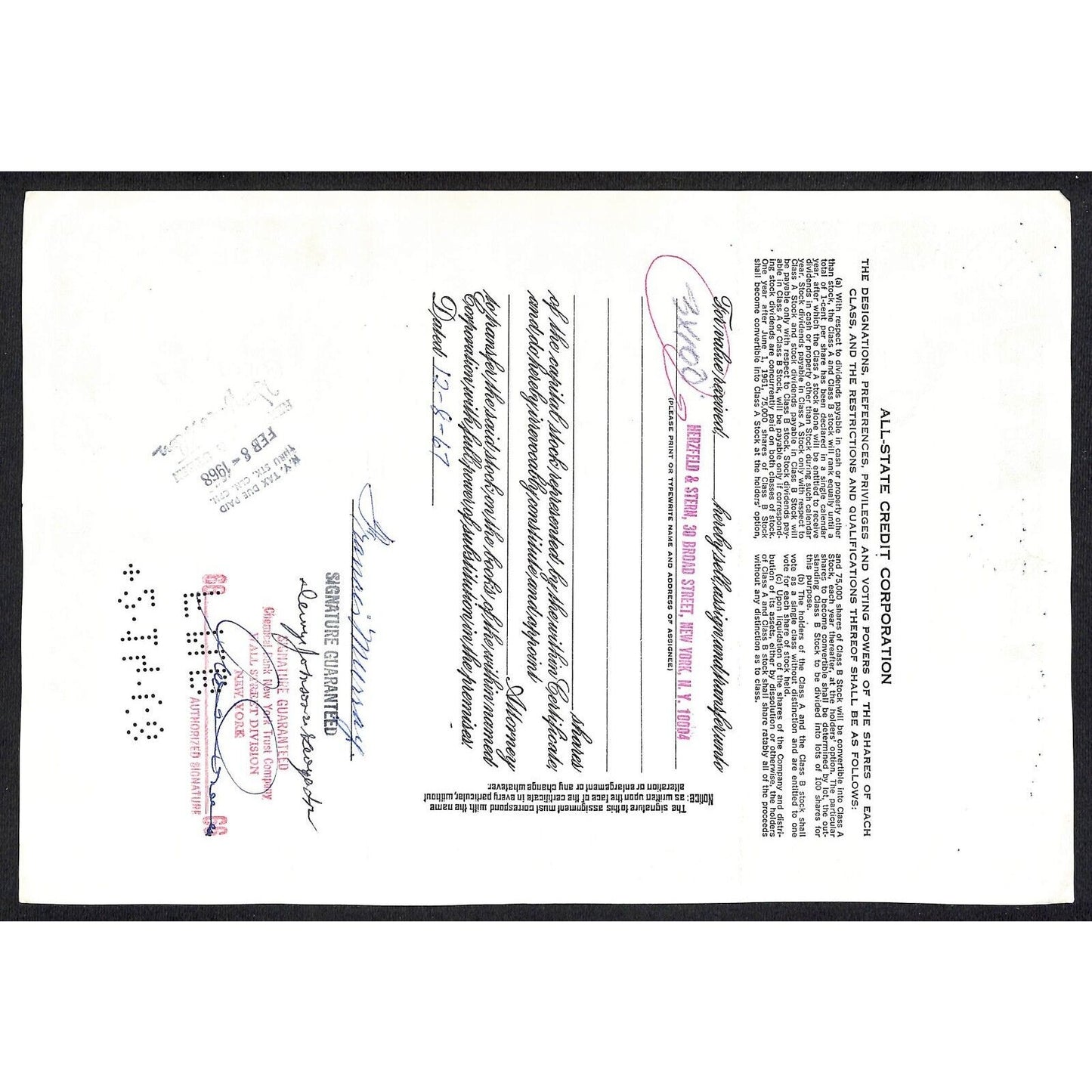 All State Credit Corporation NY 1963 Stock Certificate to: Francis Murray