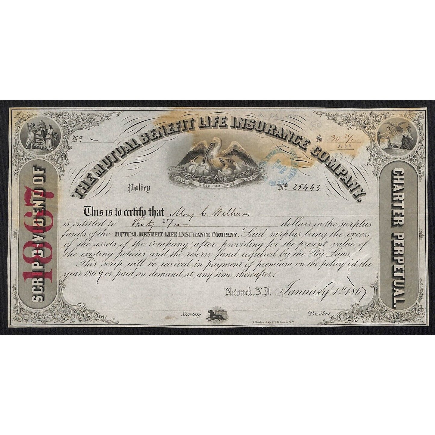 Mutual Benefit Life Insurance Co. Newark, NJ 1867 Stock Certificate VGC