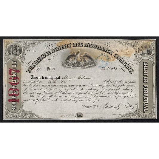 Mutual Benefit Life Insurance Co. Newark, NJ 1867 Stock Certificate VGC