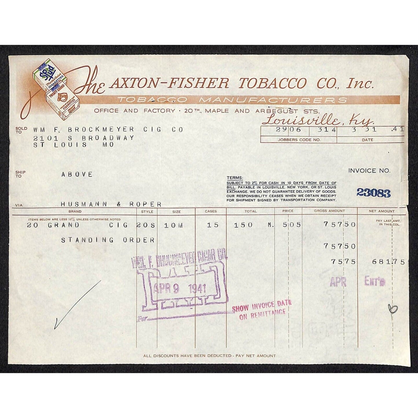 Louisville, KY The Axton-Fisher Tobacco Co. Spud Twenty Grand 3/31 1941 Billhead