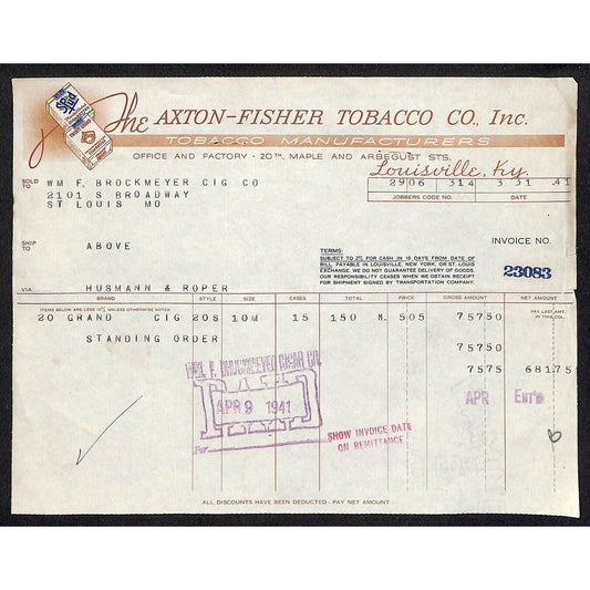 Louisville, KY The Axton-Fisher Tobacco Co. Spud Twenty Grand 3/31 1941 Billhead
