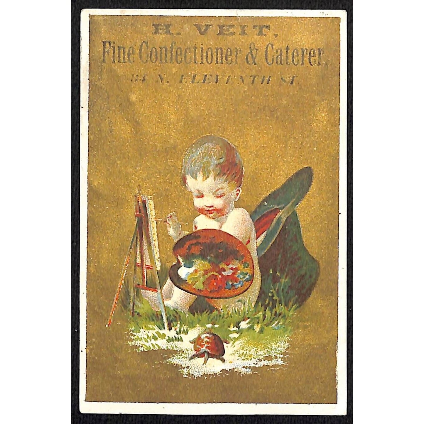 H. Veit Confectioner & Caterer Phila. Victorian Trade Card - Child Paints Turtle