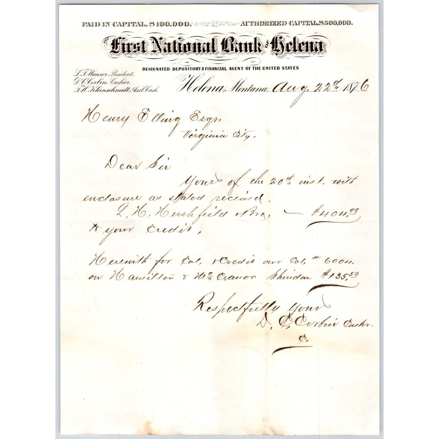 First National Bank of Helena, MT 1876 ALS Letterhead to Henry Elling*