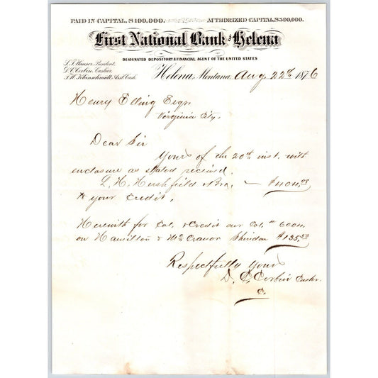 First National Bank of Helena, MT 1876 ALS Letterhead to Henry Elling*