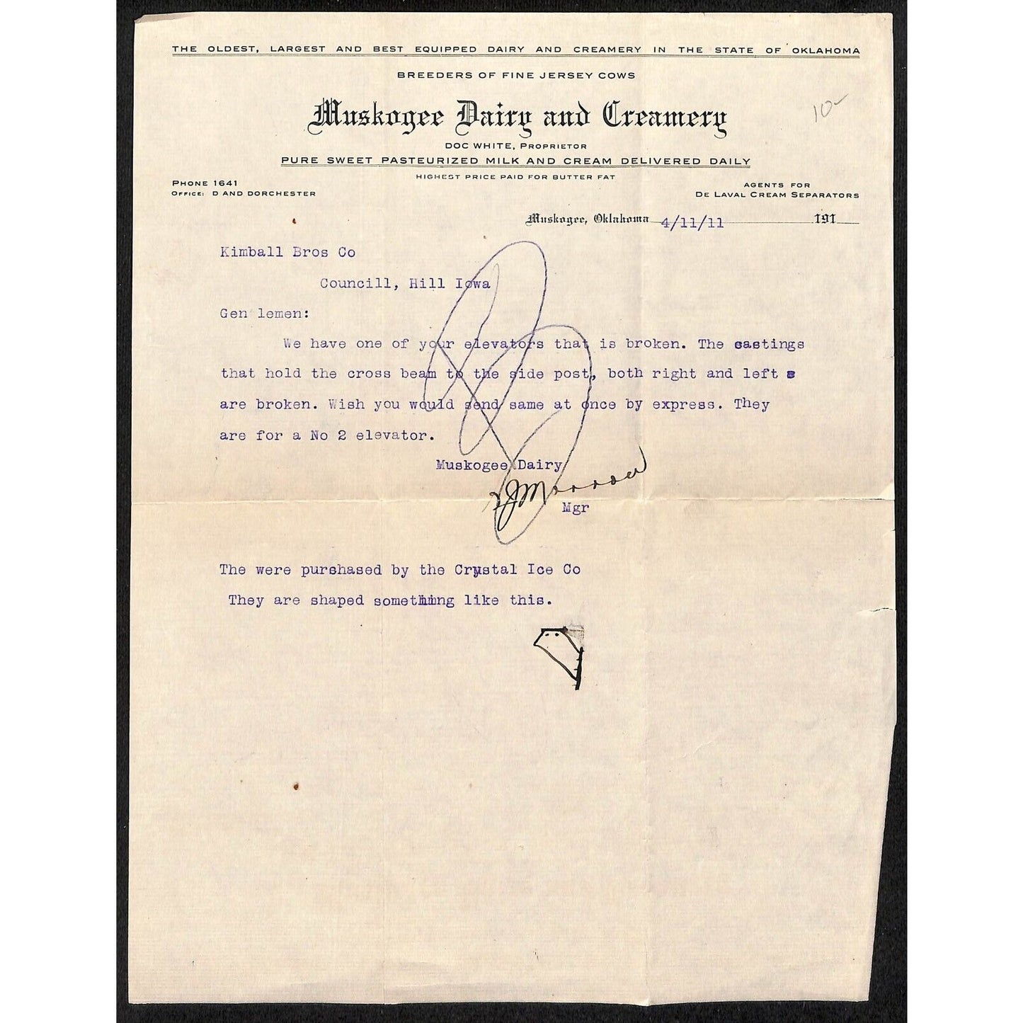 1911 Muskogee Dairy and Creamery / Doc White OK TLS Letterhead Delivery