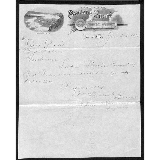 1897 State of Montana, Cascade County Great Falls ALS Letterhead re: Lot of Land