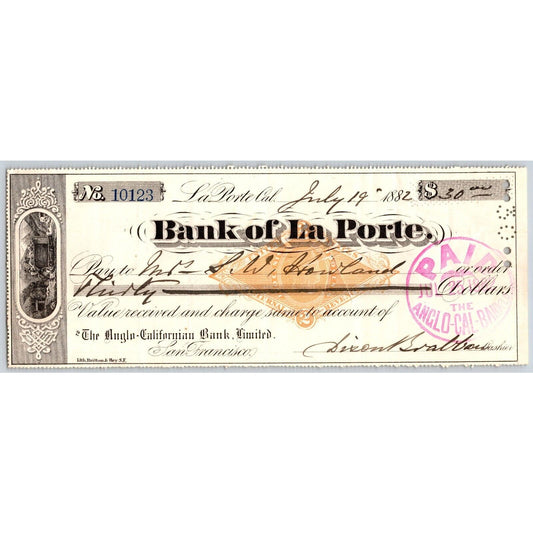 Bank of La Porte Check Mrs. G.W. Howland 1882 Mining Vignette RN-G1 Rev Stamp