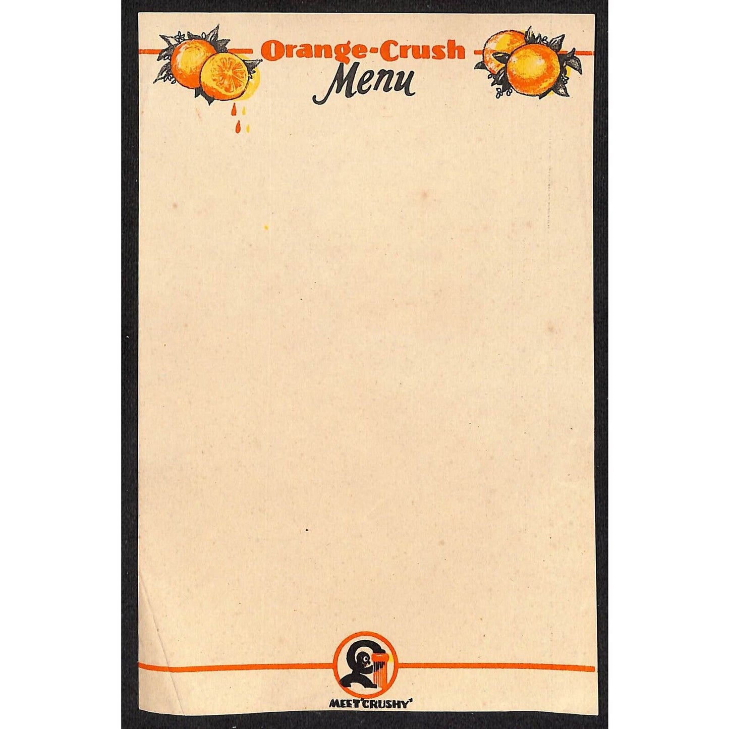 Orange Crush Menu Sheet w/ Crushy c1940's-50's VGC Scarce