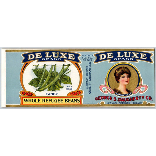 De Luxe Whole Refugee Beans George E. Daugherty Paper Can Label c1920's-30's
