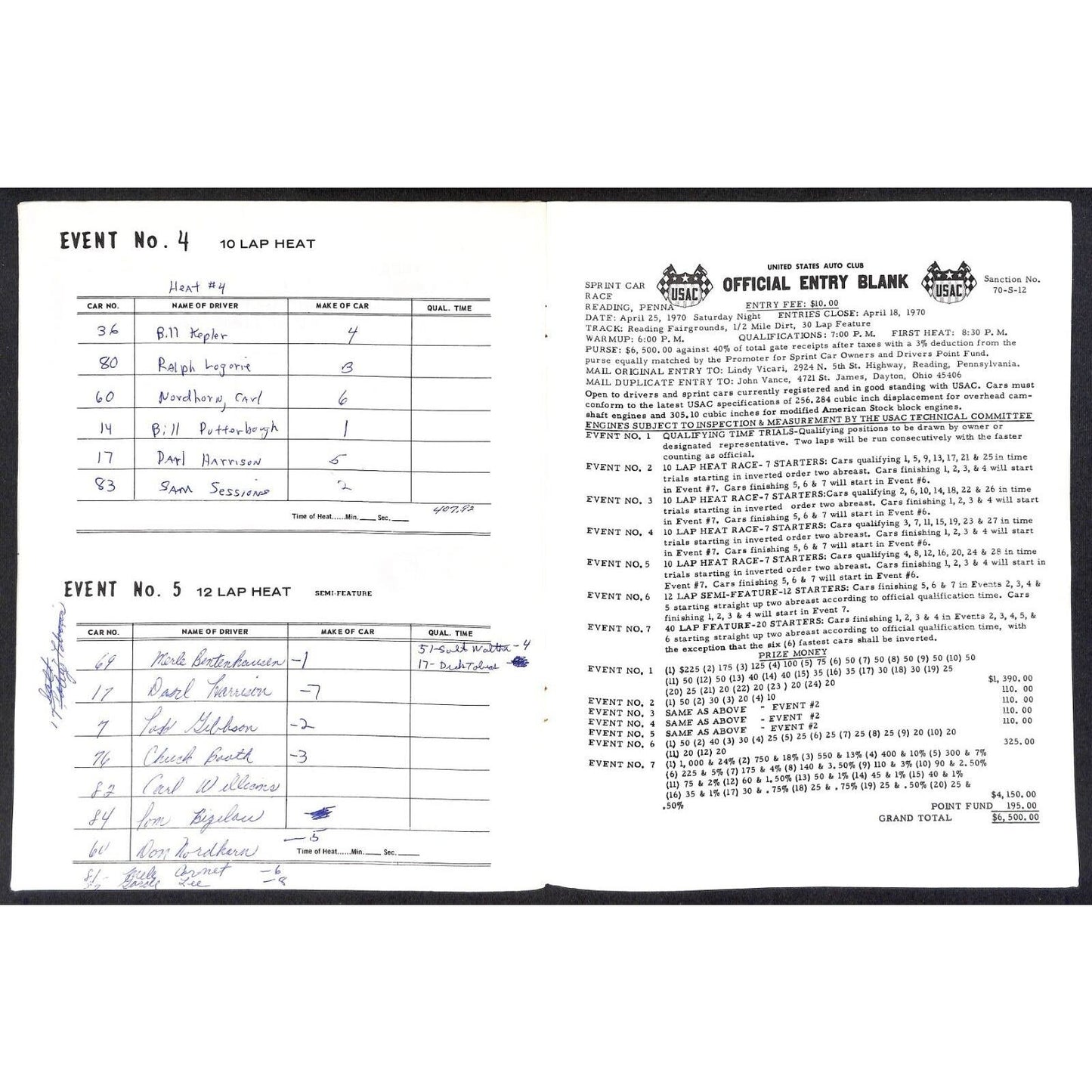 Reading Fairgrounds 1970 Auto Races Program USAC Sprint Car Champion 12pp*