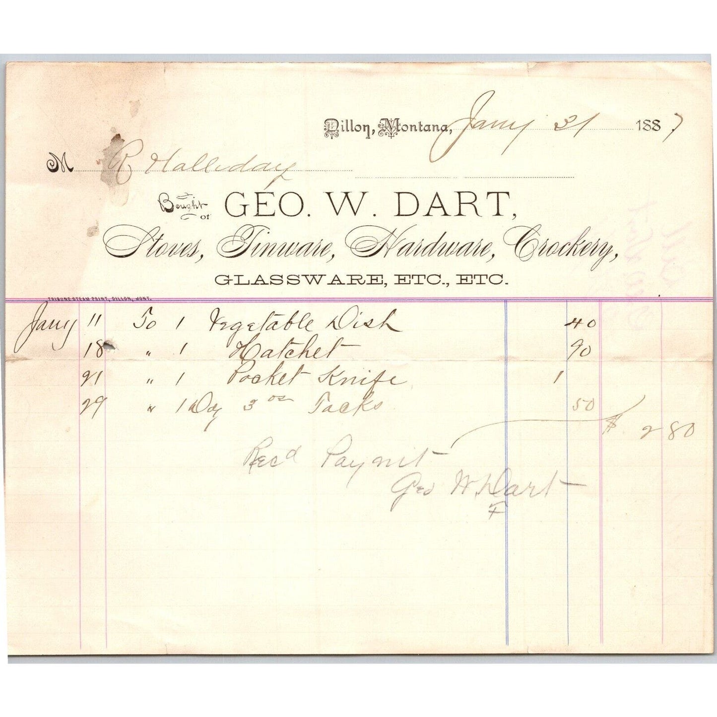 Dillon, MT Geo. W. Dart Jan. 1887 Billhead Glassware Tinware R.C. Halliday*