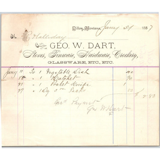 Dillon, MT Geo. W. Dart Jan. 1887 Billhead Glassware Tinware R.C. Halliday*