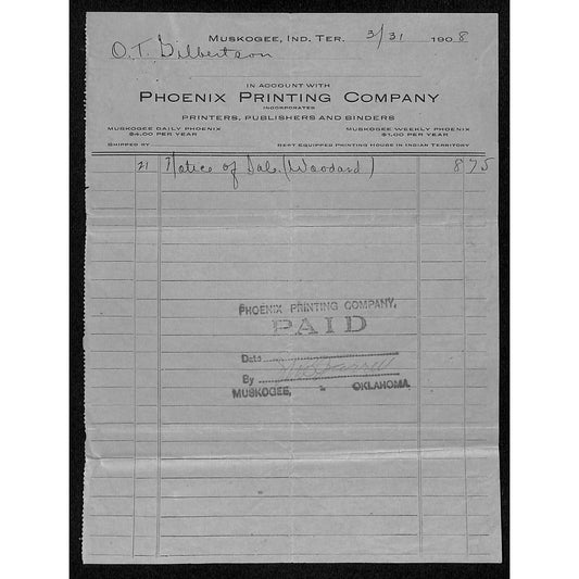 1908 Phoenix Printing Co. Muskogee, OK Indian Territory Statement / Billhead