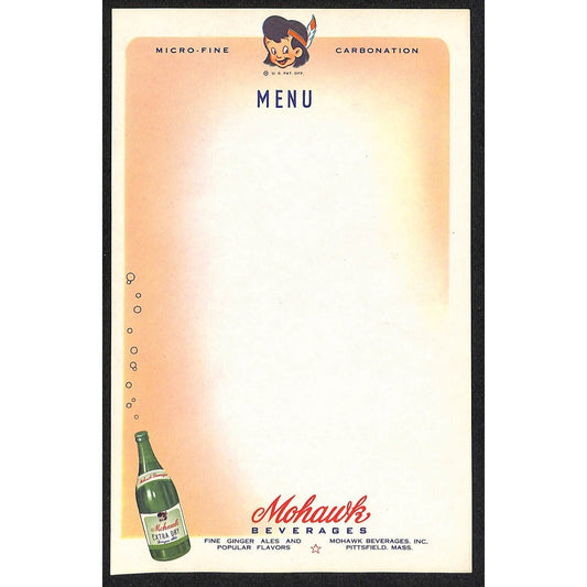 Mohawk Beverages Pittsfield, MA Unused Menu Stationary Sheet c1950's VGC