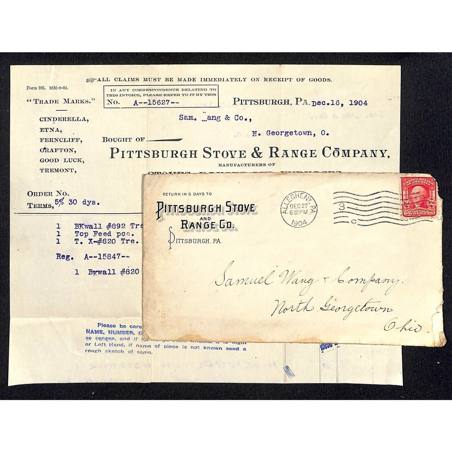 Pittsburgh Stove & Range Co. Samuel Wang Co* N. Georgetown 1904 Billhead & Cover