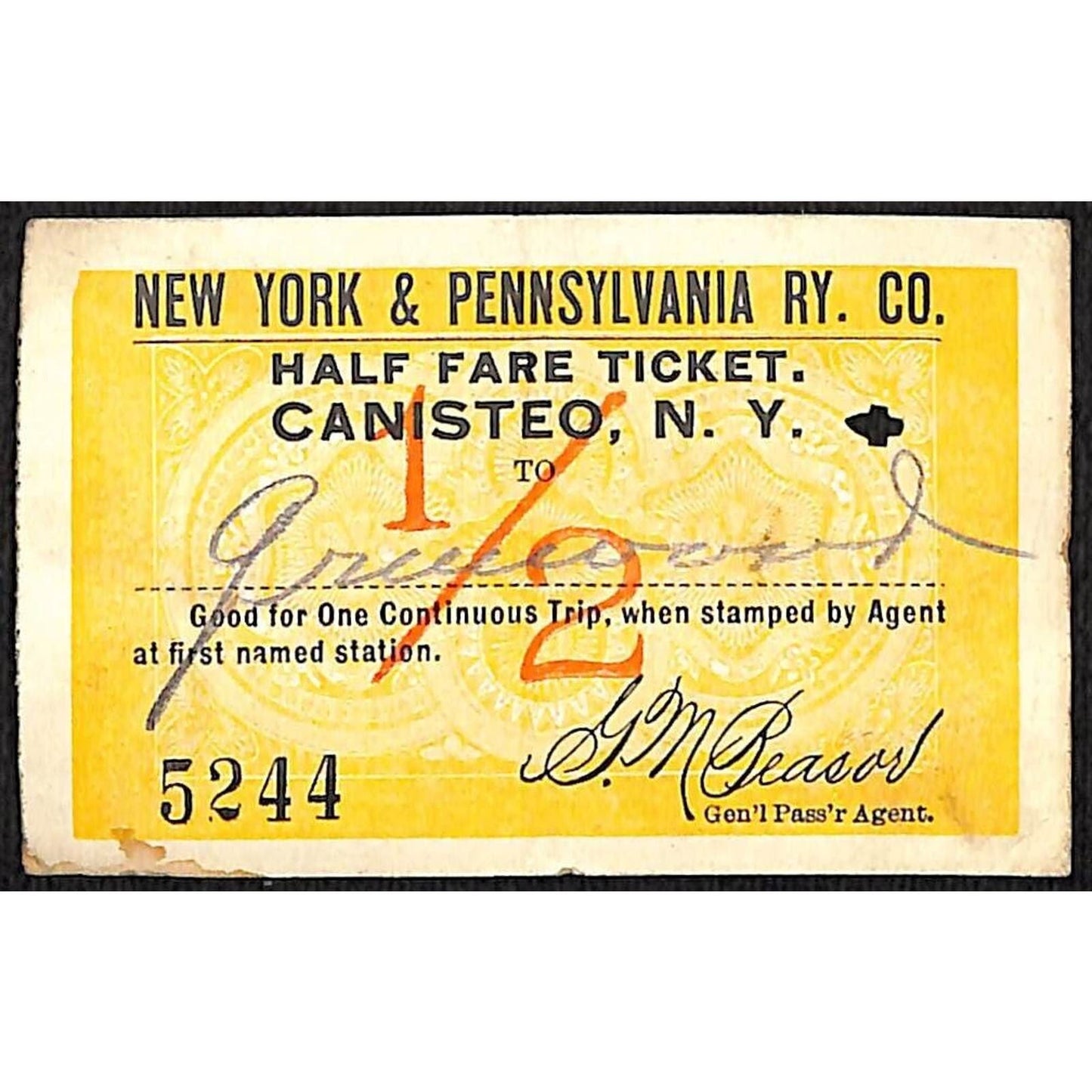 New York & Pennsylvania Railroad RY July 23 1917 Canisteo Half Fare Ticket #5244