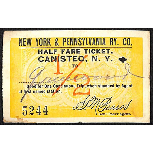 New York & Pennsylvania Railroad RY July 23 1917 Canisteo Half Fare Ticket #5244