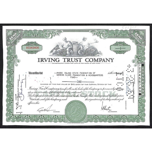 Irving Trust Company NY 1959 Stock Certificate R.I. ..Woman's Clubs
