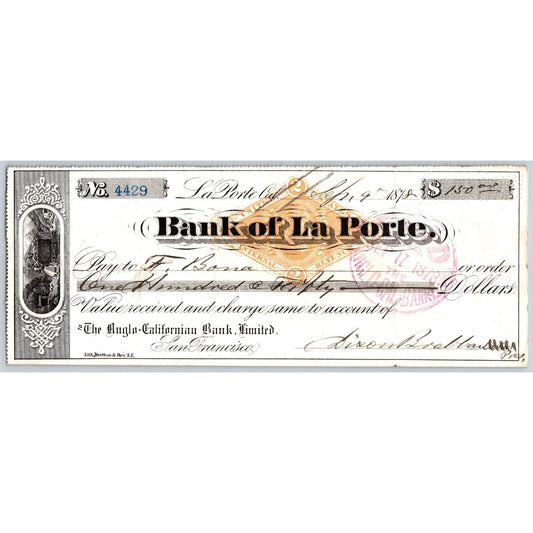 Bank of La Porte Check F. Bona 1878 Mining Vignette RN-G1 Rev Stamp #4429