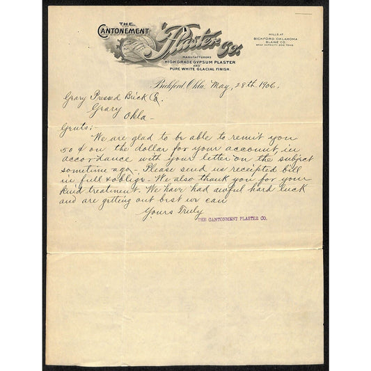 1906 The Cantonement Plaster Co. Bickford, OK Territorial Letterhead