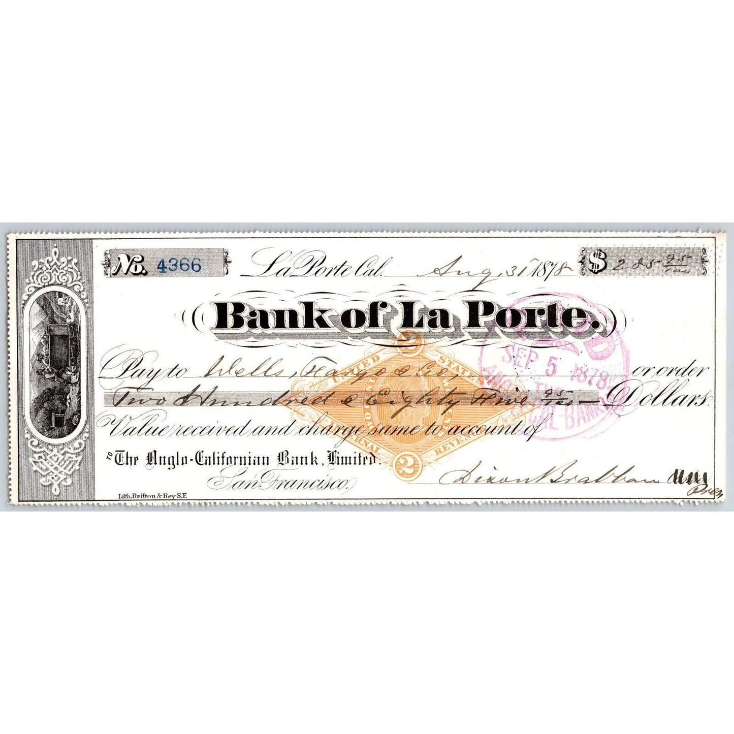 Bank of La Porte Check Wells Fargo 1878 Mining Vignette RN-G1 Rev Stamp #4366