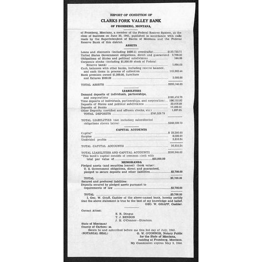 Fromberg, MT Clarks Fork Valley Bank "Report of Condition" Sheet 1941 VGC