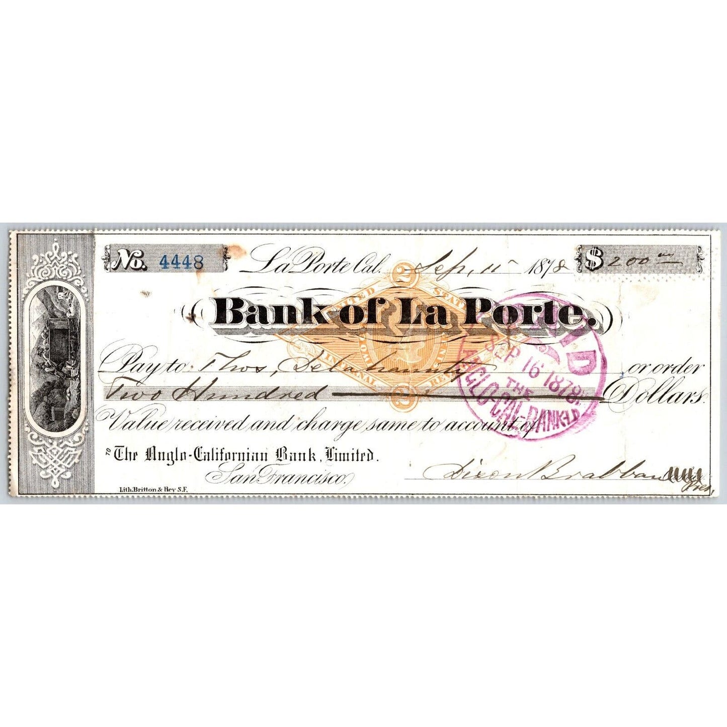 Bank of La Porte Check Thomas Delahannity ? 1878 Mining Vignette RN-G1 Rev Stamp