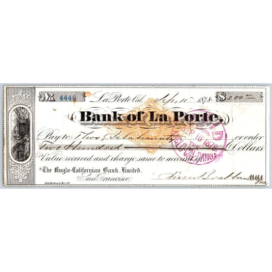Bank of La Porte Check Thomas Delahannity ? 1878 Mining Vignette RN-G1 Rev Stamp