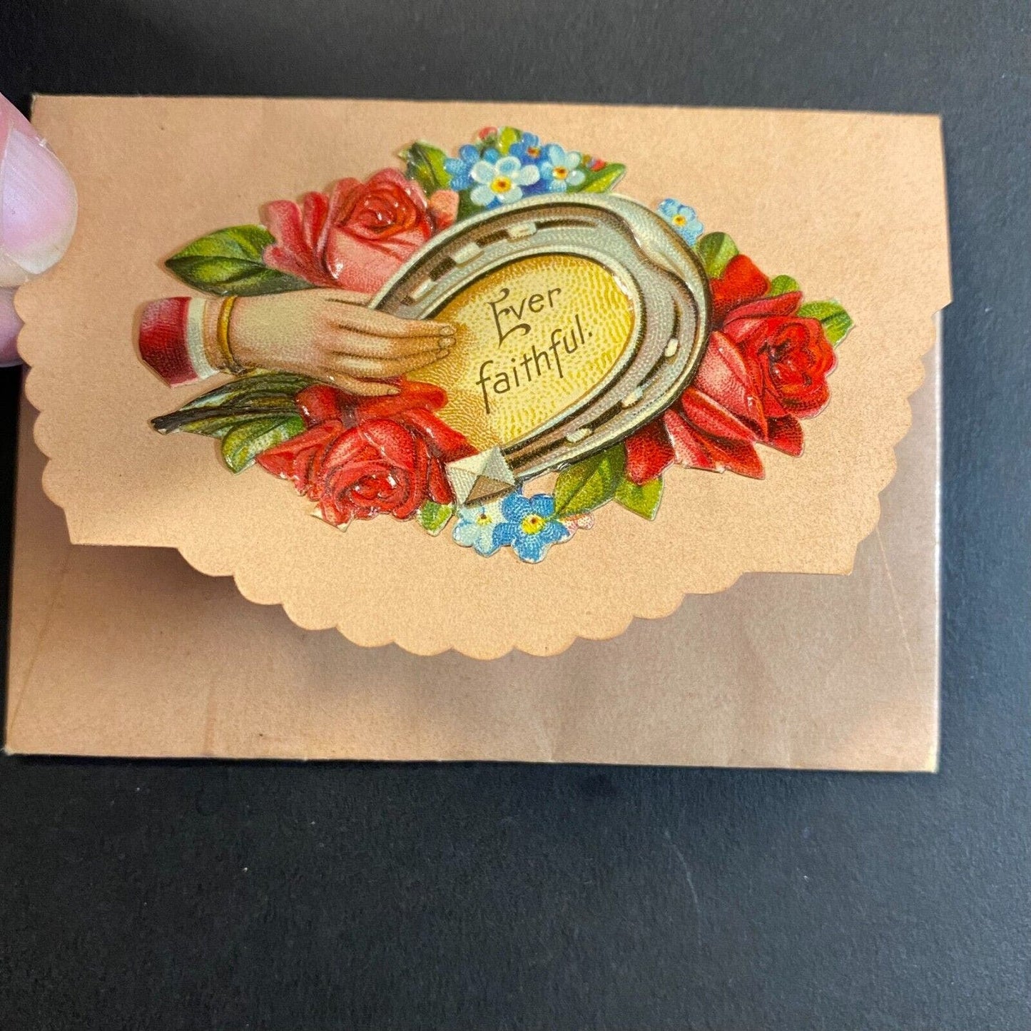 Victorian Die Cut Envelope Name Card Greeting "Ever Faithful" w/ Horseshoe