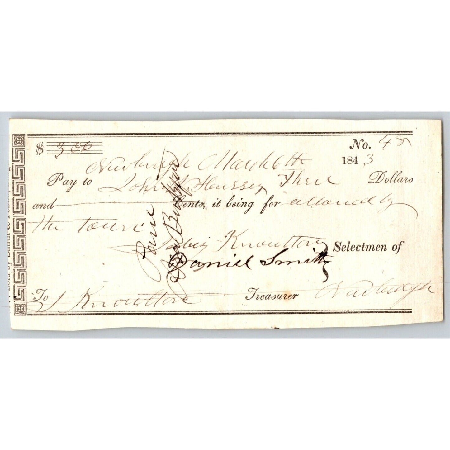 1843 Jabez Knowlton* Newburgh, ME - Town Check / Draft to John Hussey ? No. 48