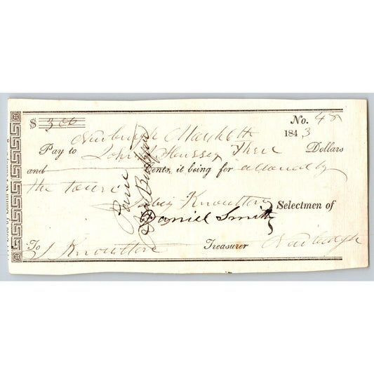 1843 Jabez Knowlton* Newburgh, ME - Town Check / Draft to John Hussey ? No. 48