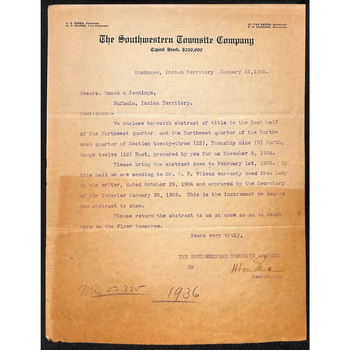 1905 Southwestern Townsite Co. I.T. Muskogee, OK Letterhead - Heavy Toning