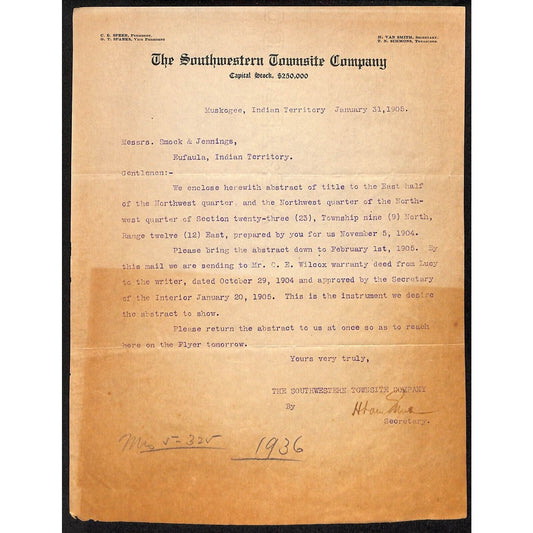 1905 Southwestern Townsite Co. I.T. Muskogee, OK Letterhead - Heavy Toning