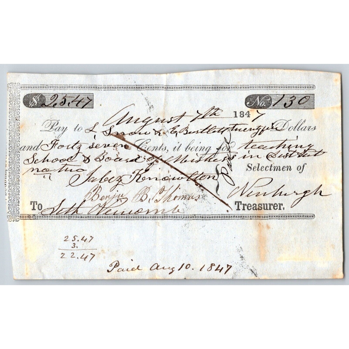 1847 Jabez Knowlton* Newburgh ME Town Check for Teaching & Board for Mistress
