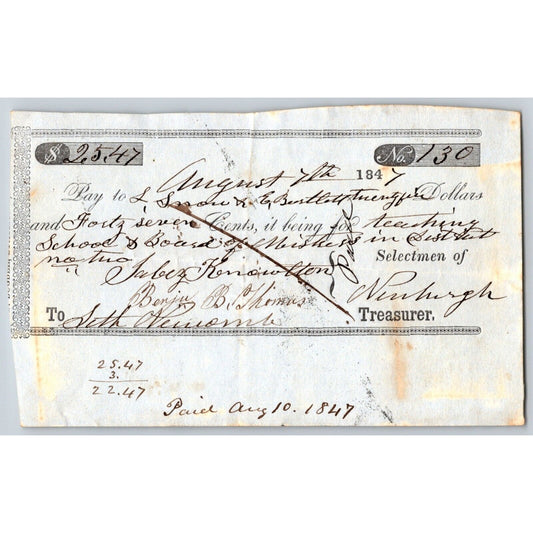 1847 Jabez Knowlton* Newburgh ME Town Check for Teaching & Board for Mistress