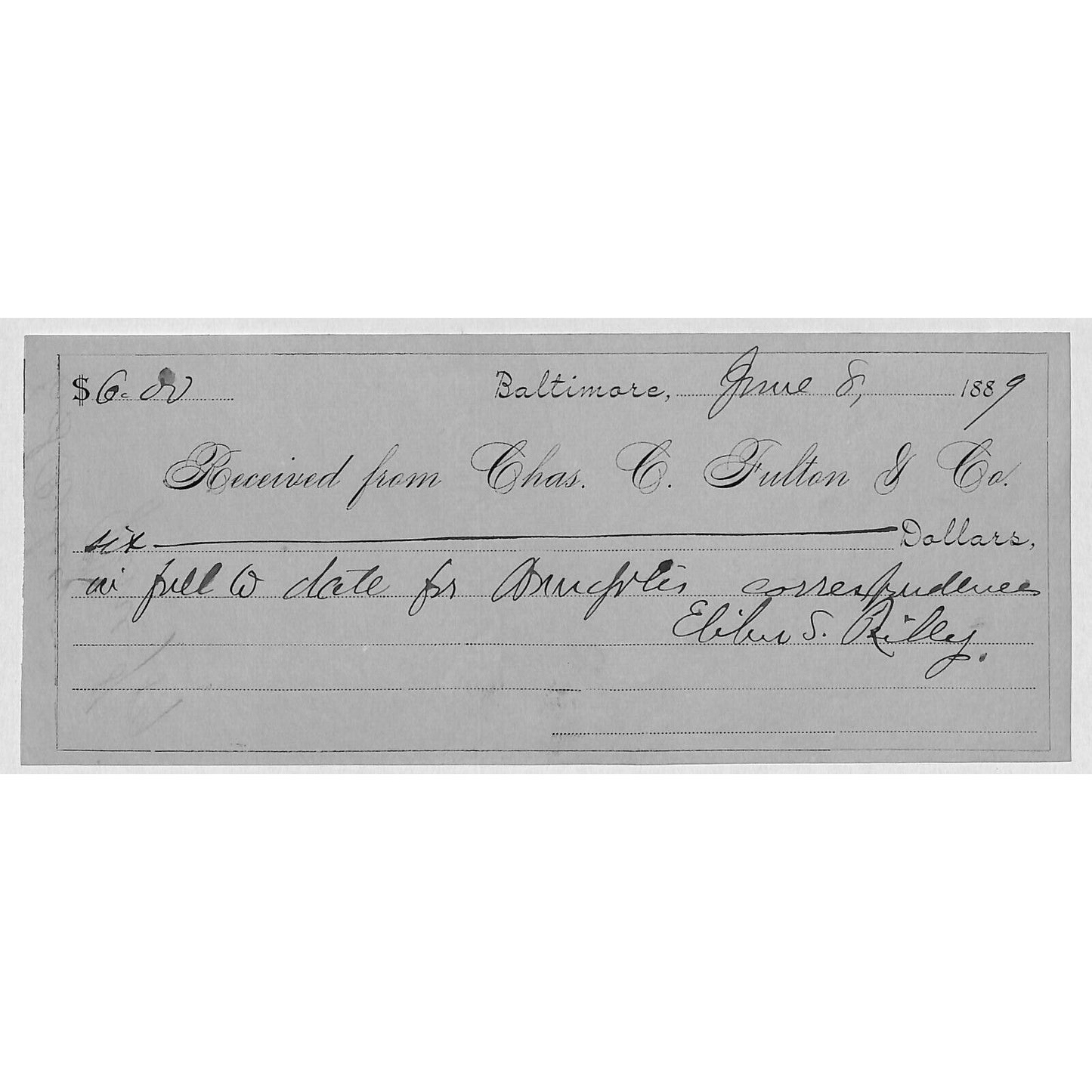 1889 Chas. C. Fulton & Co. (The Baltimore American Newspaper) Receipt