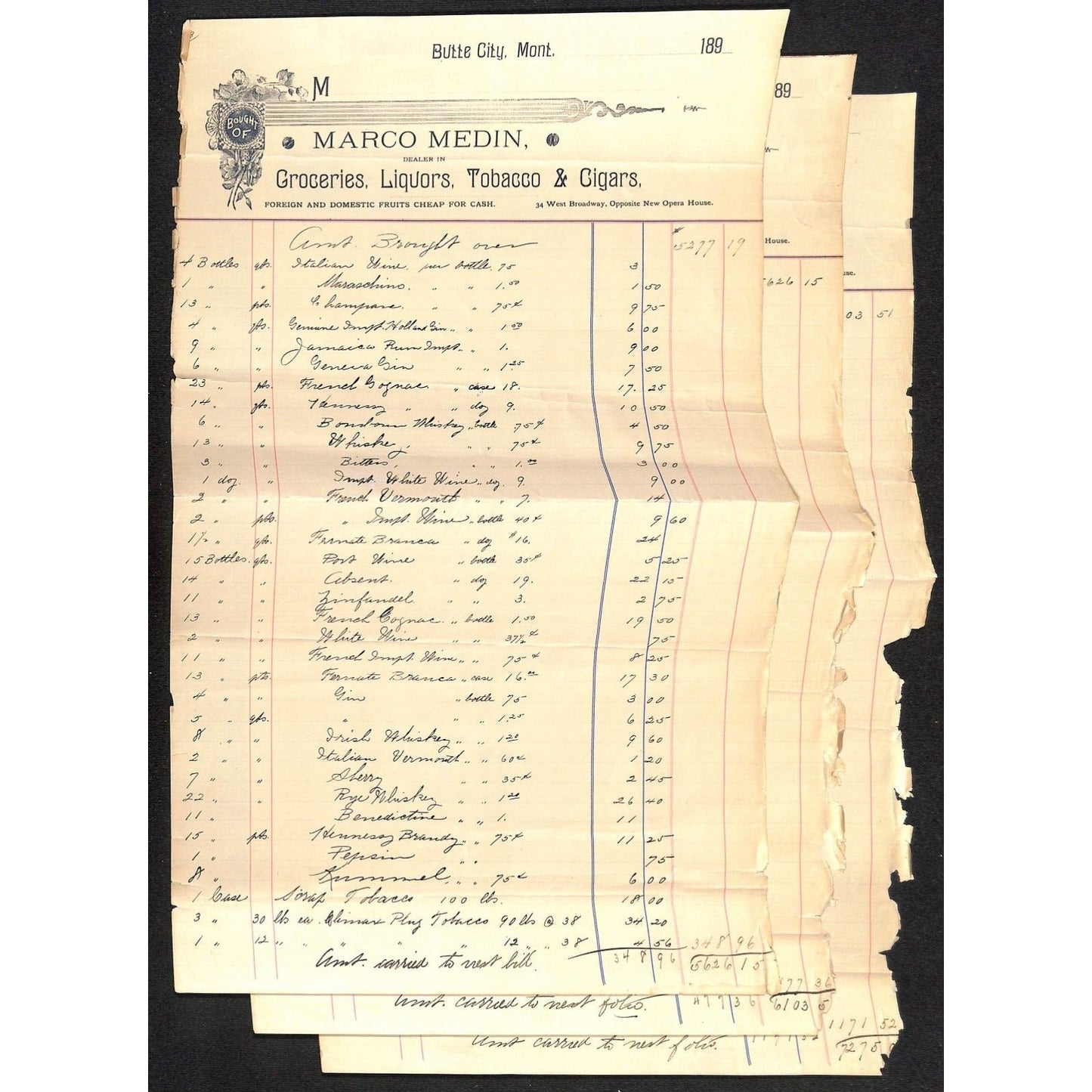 Marco Medin Butte City, MT Groceries Liquors Tobacco 189? 1890 3pp Billheads