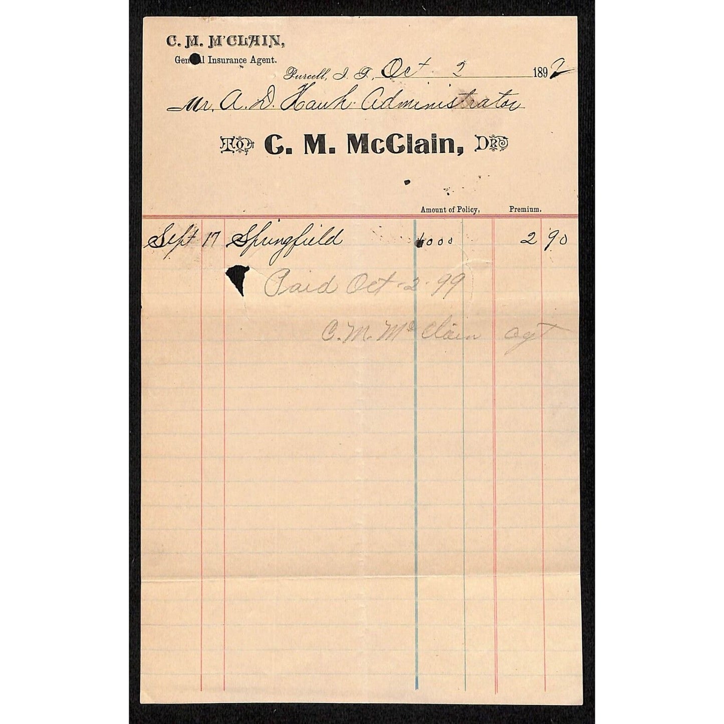 C.M. McClain Insurance Purcell Indian Territory Oklahoma 1892 Billhead