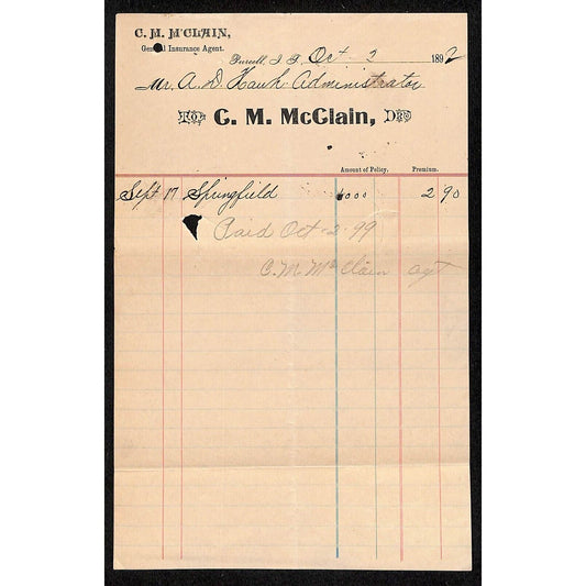 C.M. McClain Insurance Purcell Indian Territory Oklahoma 1892 Billhead