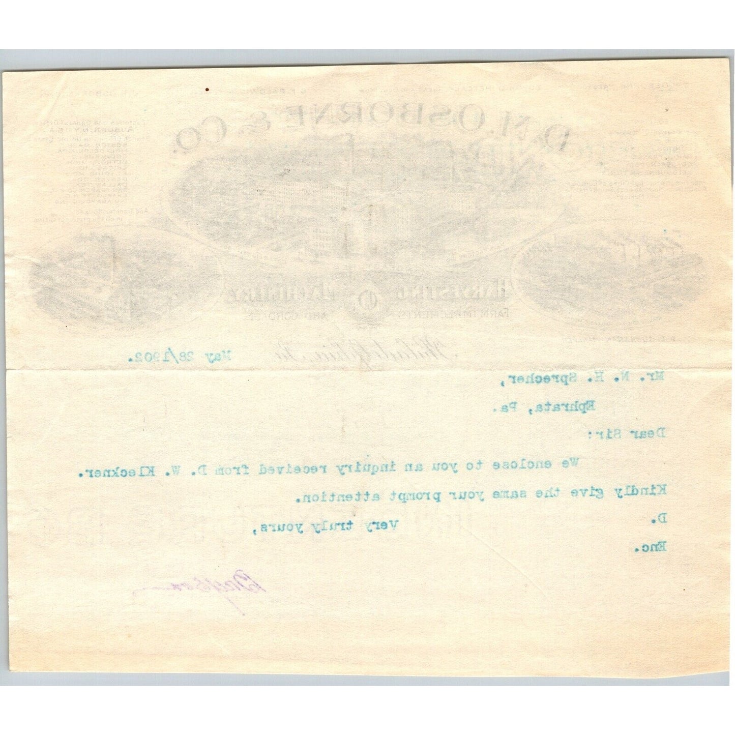 D.M. Osborne & Co. (IH*) Harvesting Machinery Phila. May 28 1902 Letterhead