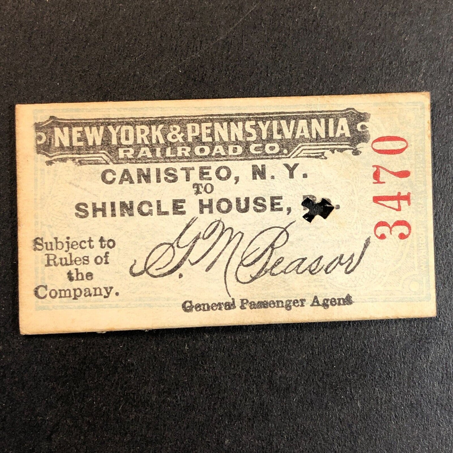 New York & Pennsylvania Railroad July 17 1917 Shingle House Ticket #3470 Scarce