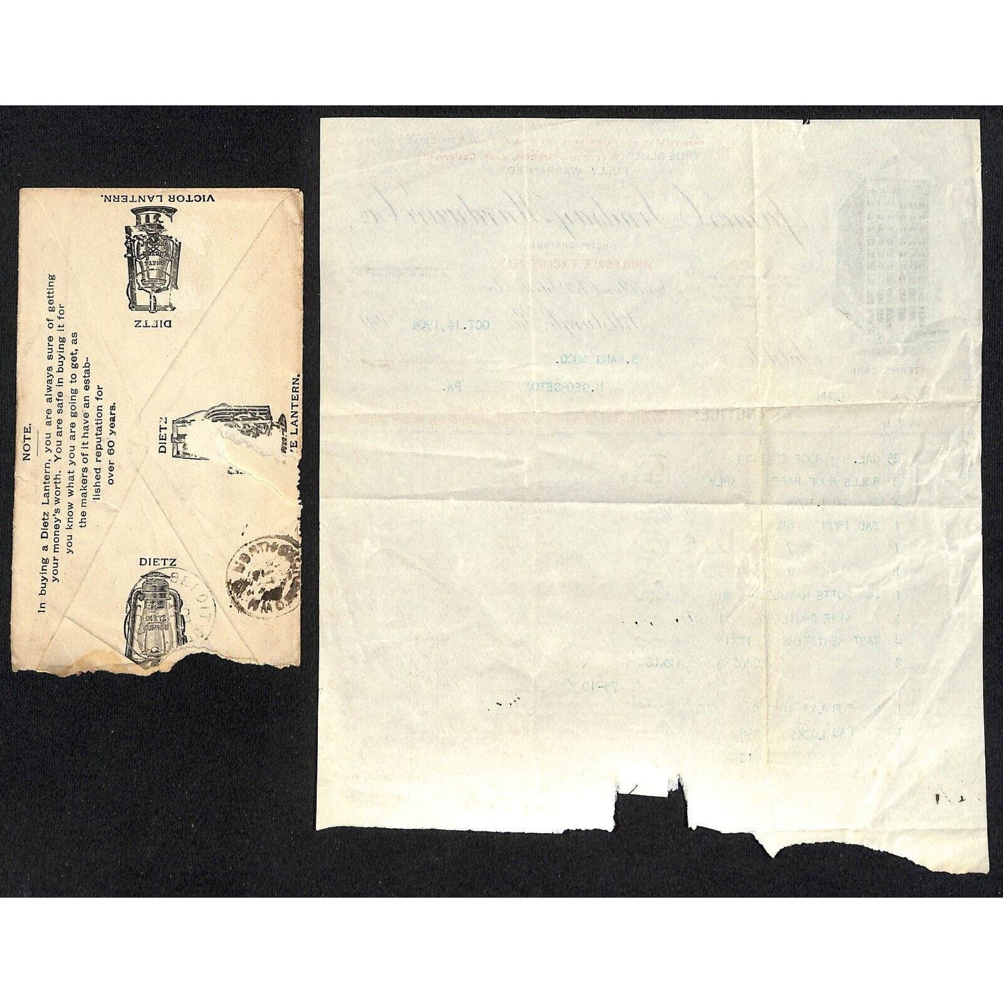 J.C. Lindsay Hardware Dietz Lantern / Samuel Wang Co* 1904 Billhead & Cover