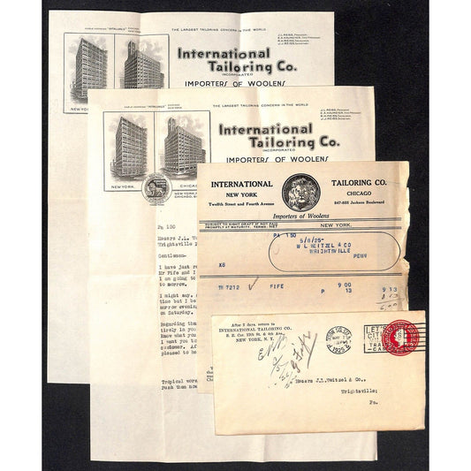 International tailoring Co. 12th St. & Fourth Ave NYC 1925 2 LH Billhead + Cover