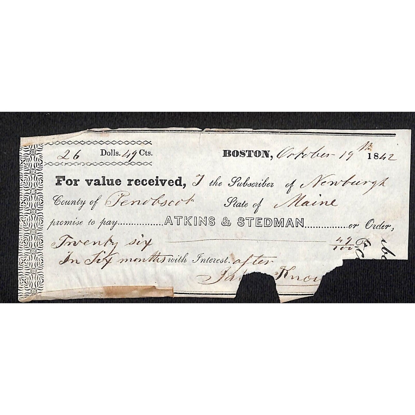 1842 Jabez Knowlton* Newburgh, ME Atkins & Stedman Boston Promissory Note