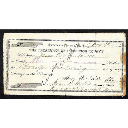 1868 Jefferson County (MT) Treasury Warrant / Draft for "Bridge Building" (#3)