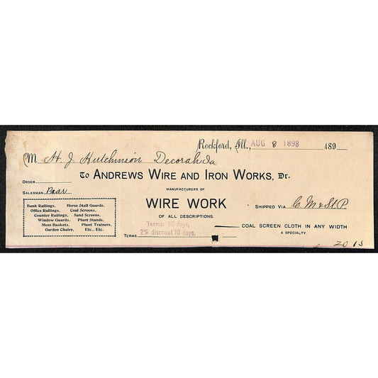 Andrews Wire Iron Works Rockford IL HJ Hutchinson Decorah, IA* Cut 1898 Billhead