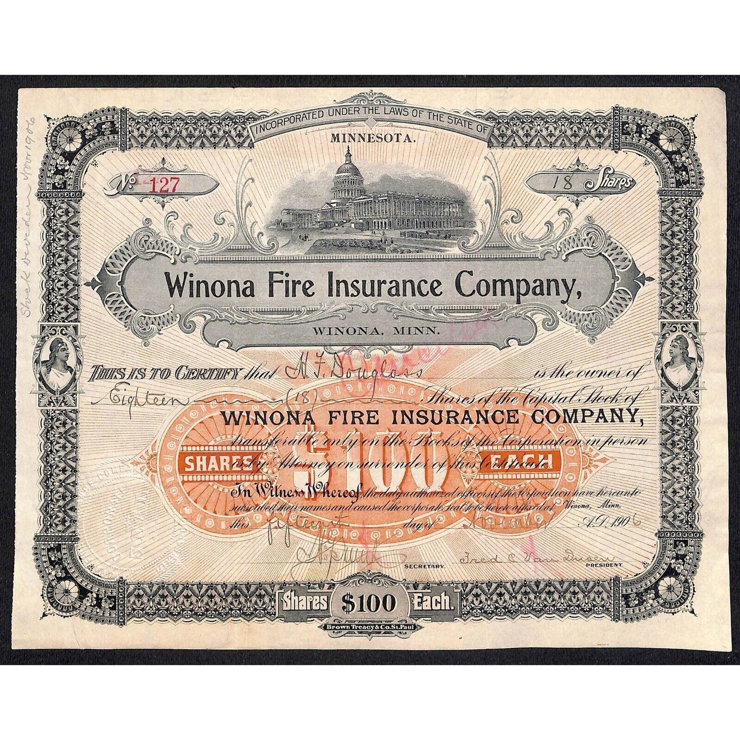 Winona Fire Insurance Co. Minnesota 1906 Stock Certificate H.T. Douglass Scarce